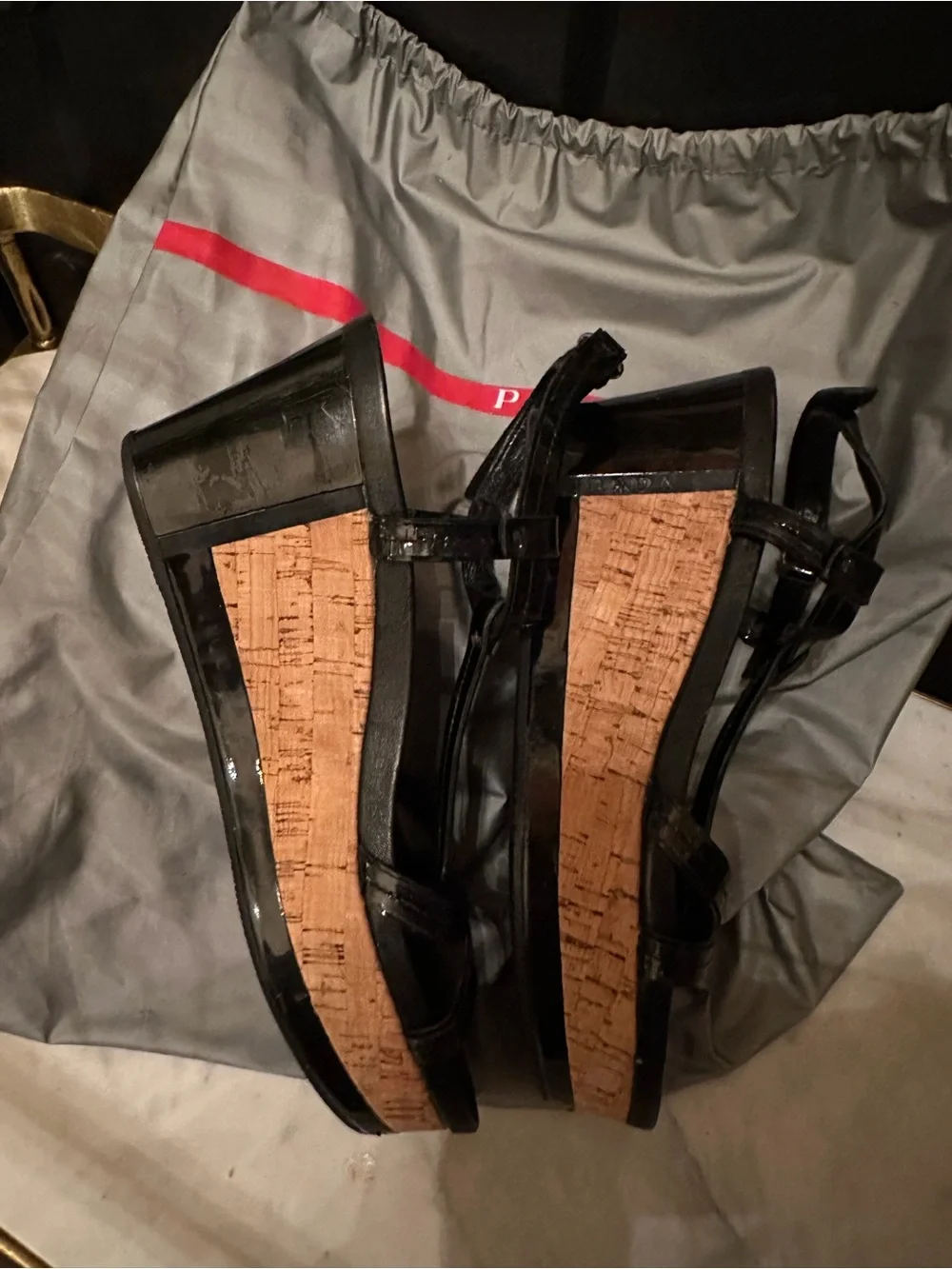 Prada Black Patent Leather Cork-Wedge Sandals